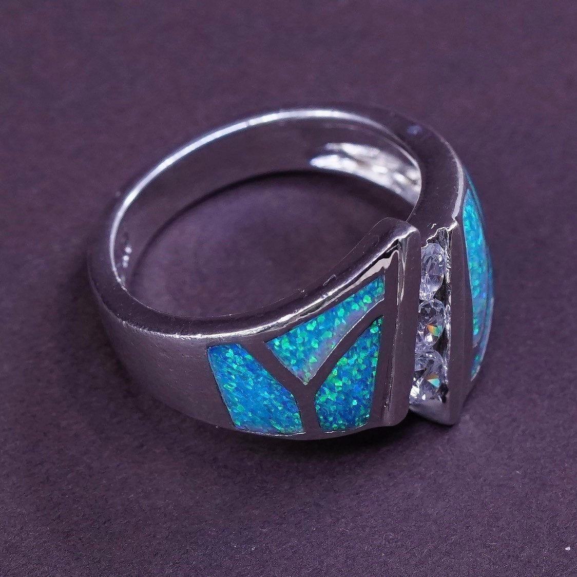 sz 6.5, vtg AK Sterling silver handmade ring, 925 band w/ fire opal and Cz