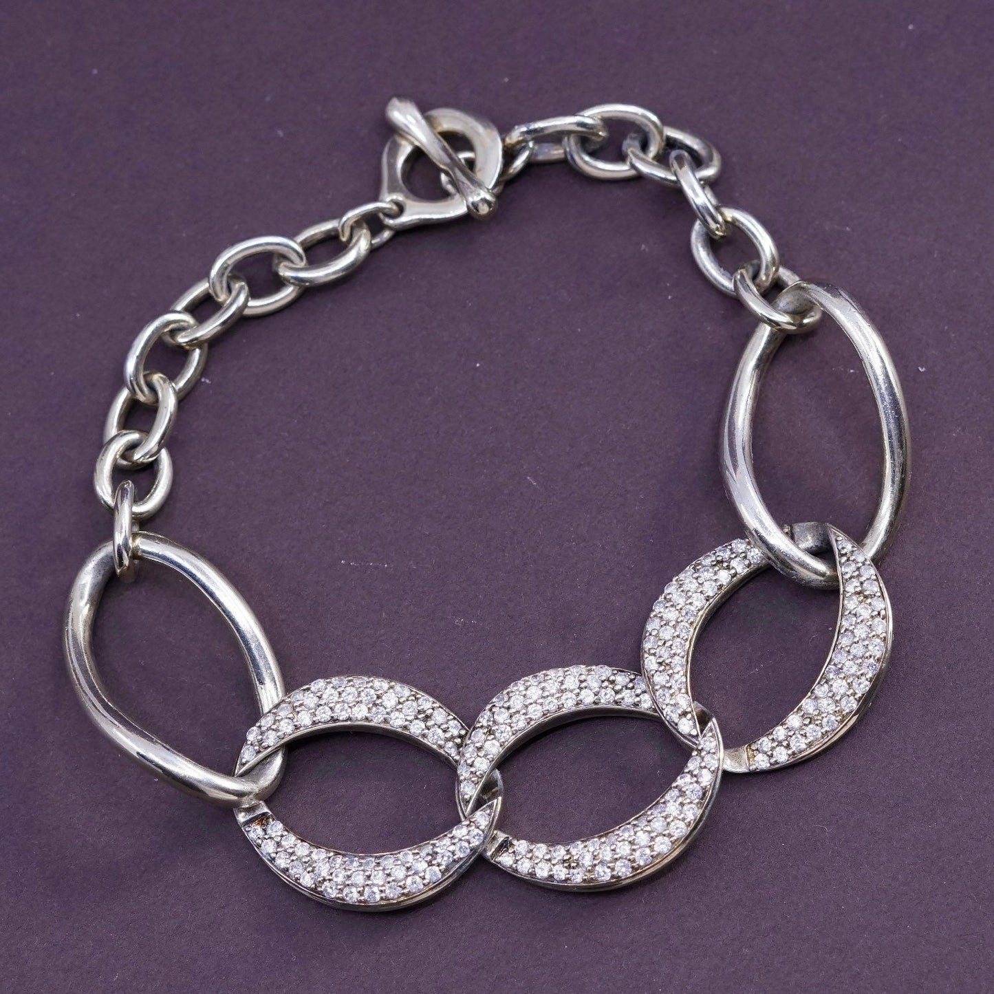 7.25”, vtg Vermeil gold over sterling silver bracelet, 925 oval with cluster Cz