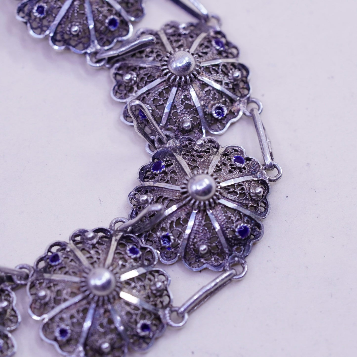 7.25”, vintage sterling silver handmade bracelet, filigree floral link chain