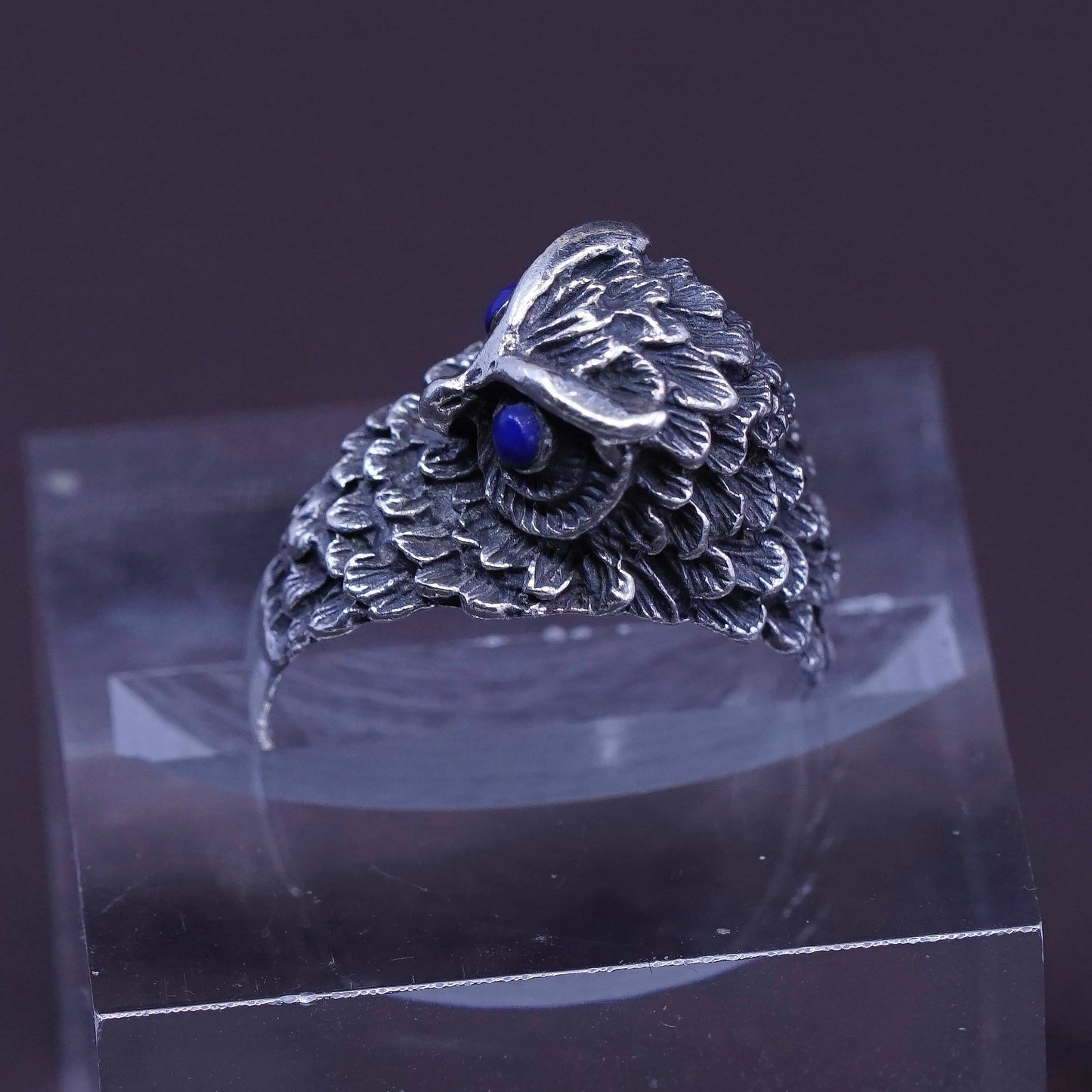 sz 6.25, vtg Sterling 925 silver handmade statement owl band ring w/ lapis