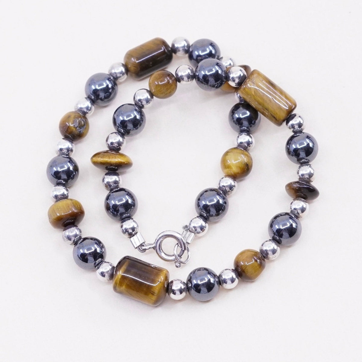 9”, vtg handmade bracelet, black hematite, golden tiger eye sterling 925 silver