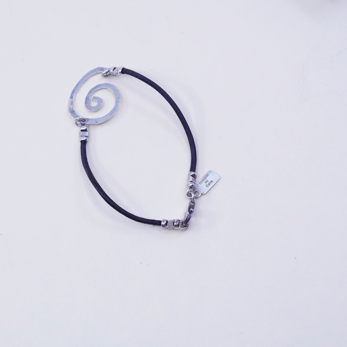 6”, Vintage Dana Sterling silver handmade bracelet, 925 hammered swirl leather