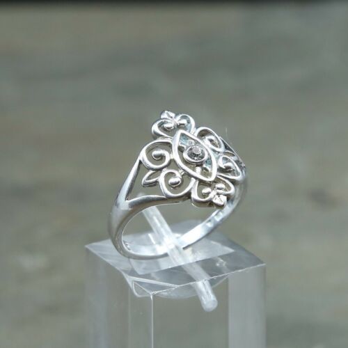 Sz 7, Vtg Sterling Silver Handmade Ring, 925 Filigree Whirl Band W/ Crystal