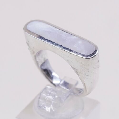 Sz 8, Vtg Sterling Silver Handmade Ring, 925 Silver Band W MOP, stamped 925