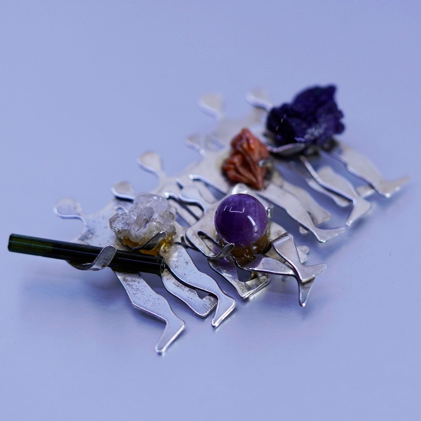 Antique sterling silver handmade brooch, 925 group miner with gemstone