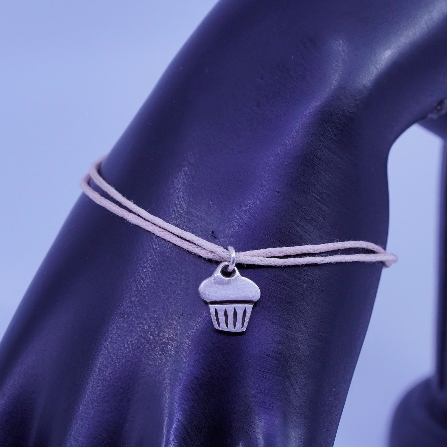 6.75”, sterling 925 silver handmade bracelet with linen thread cupcake charm