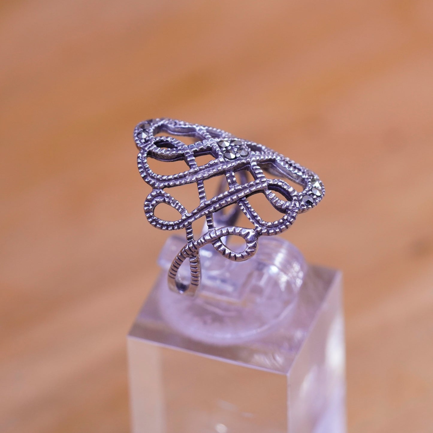 Size 5.5, vtg Art Deco Sterling silver handmade ring, wide 925 band marcasite