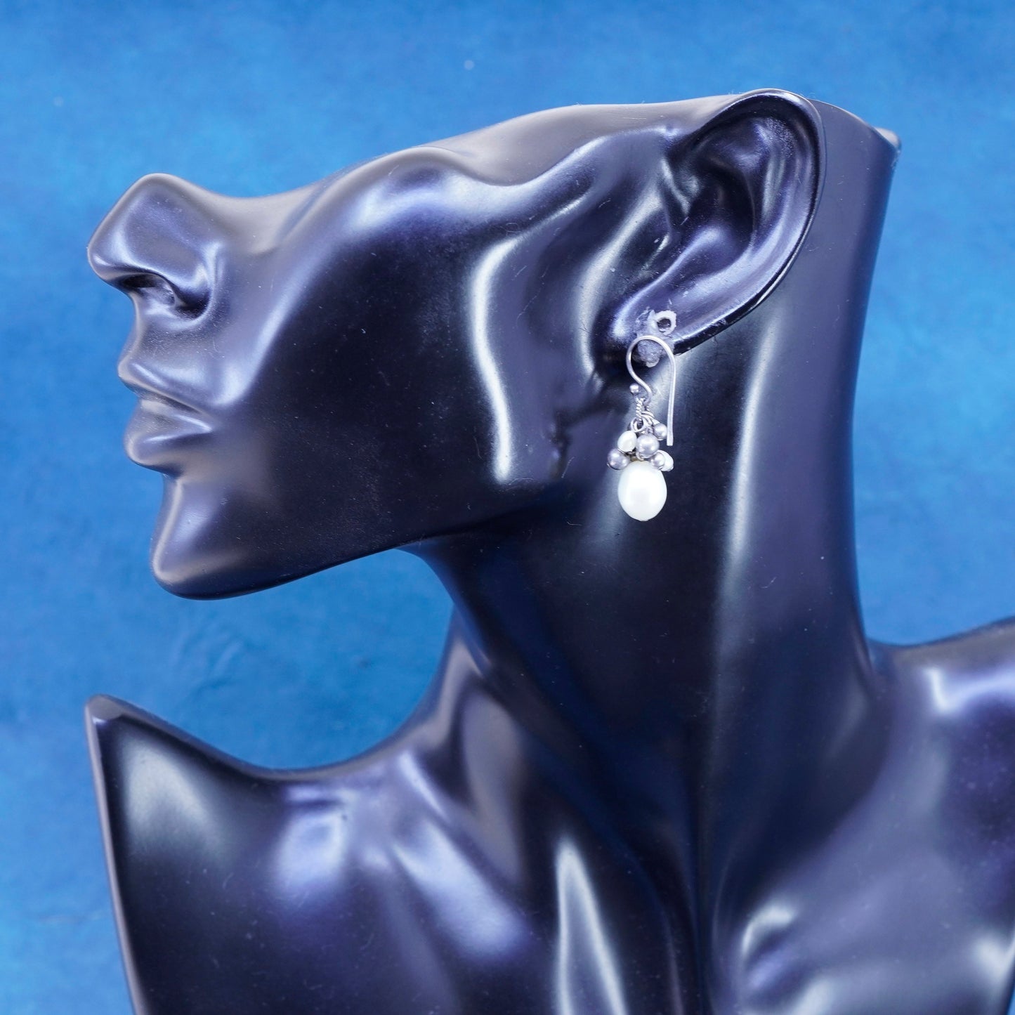 Rare 925 Sterling 925 Silver handmade pearl bead dangly cluster earrings W1352
