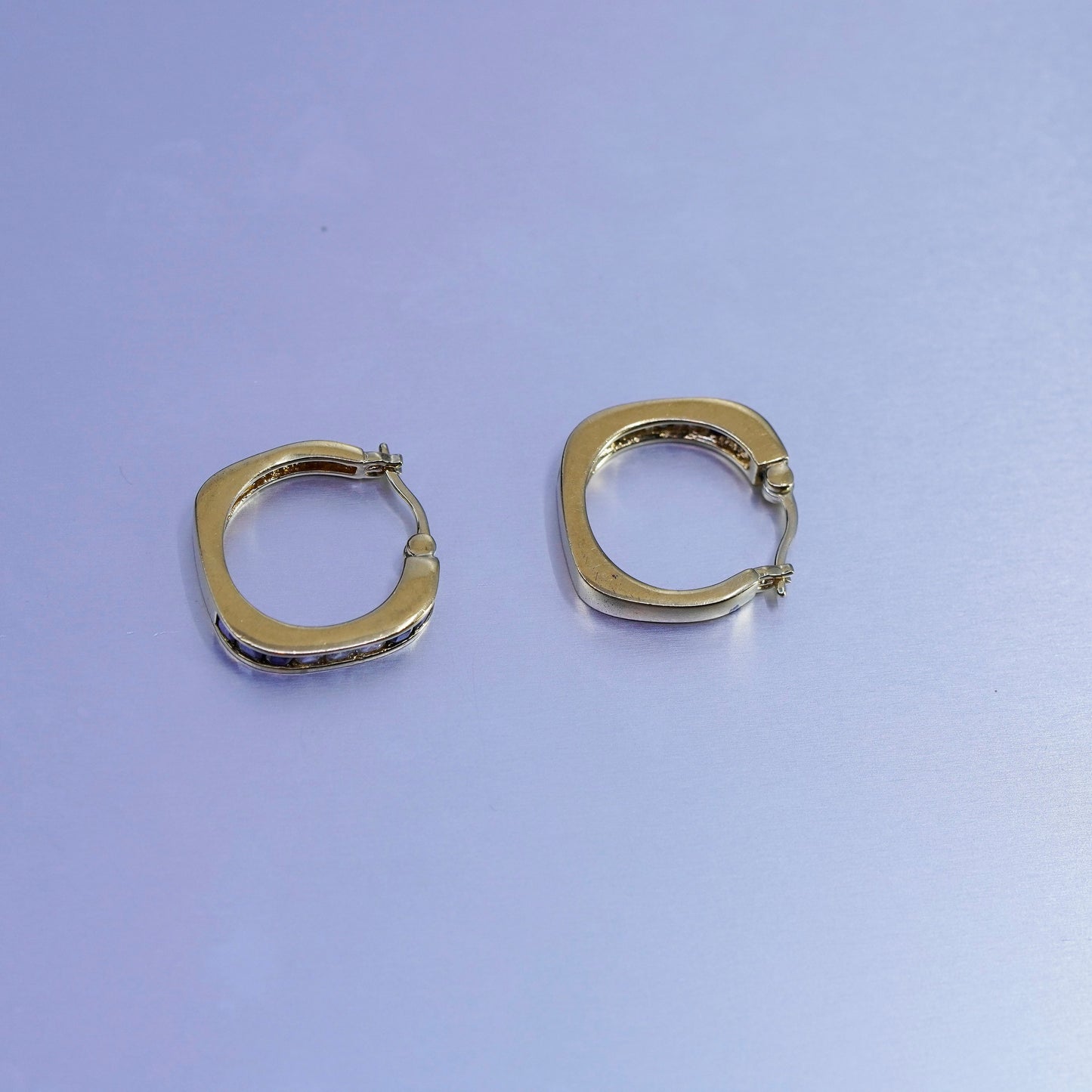 0.75”, vermeil gold over Sterling silver earrings, square 925 hoops sapphire cz