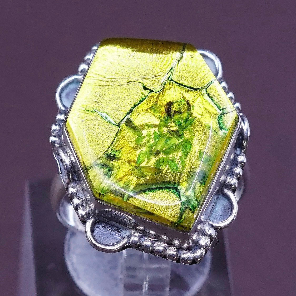 sz 8.5, Sterling silver handmade ring, southwestern 925 w/ yellow foiled glass