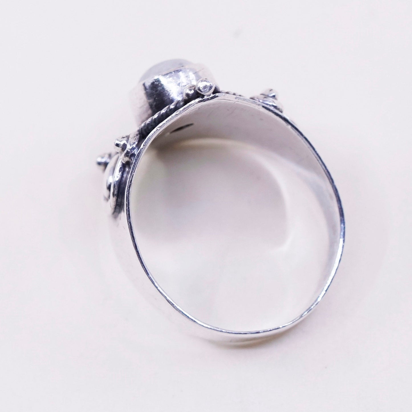 sz 8, vtg sterling silver handmade ring, 925 wide band w/ moonstone and beads