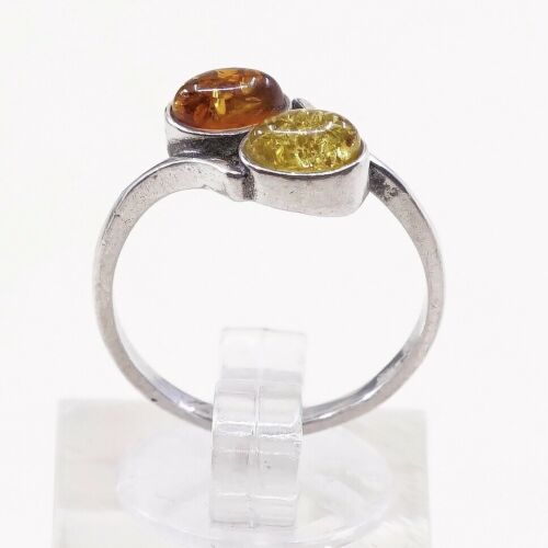 Sz 6.75, Orangle Amber Cabochon Sterling Silver Solitaire Ring, Silver Tested