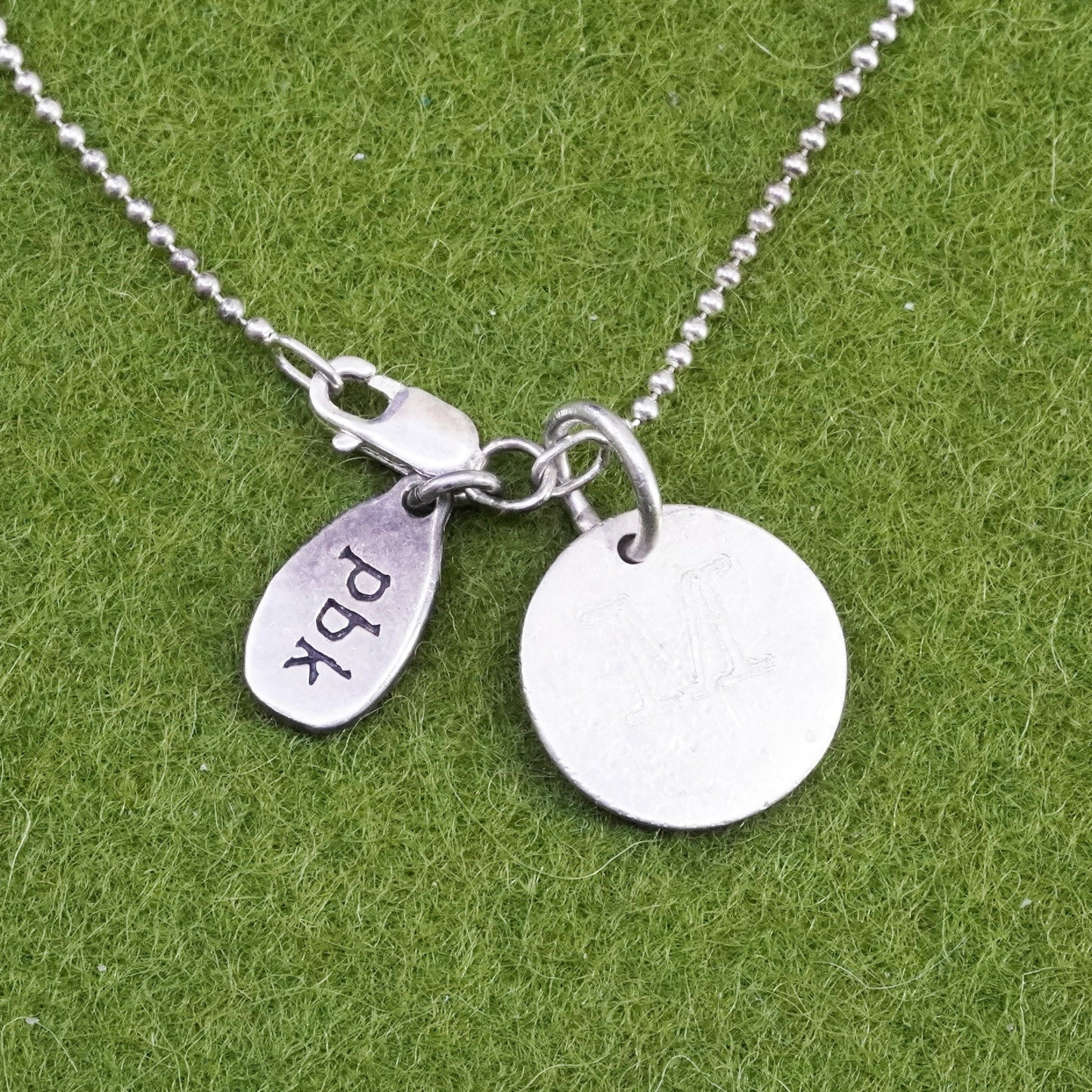 16”, Baroni sterling 925 silver handmade necklace, bead chain initial M pendant