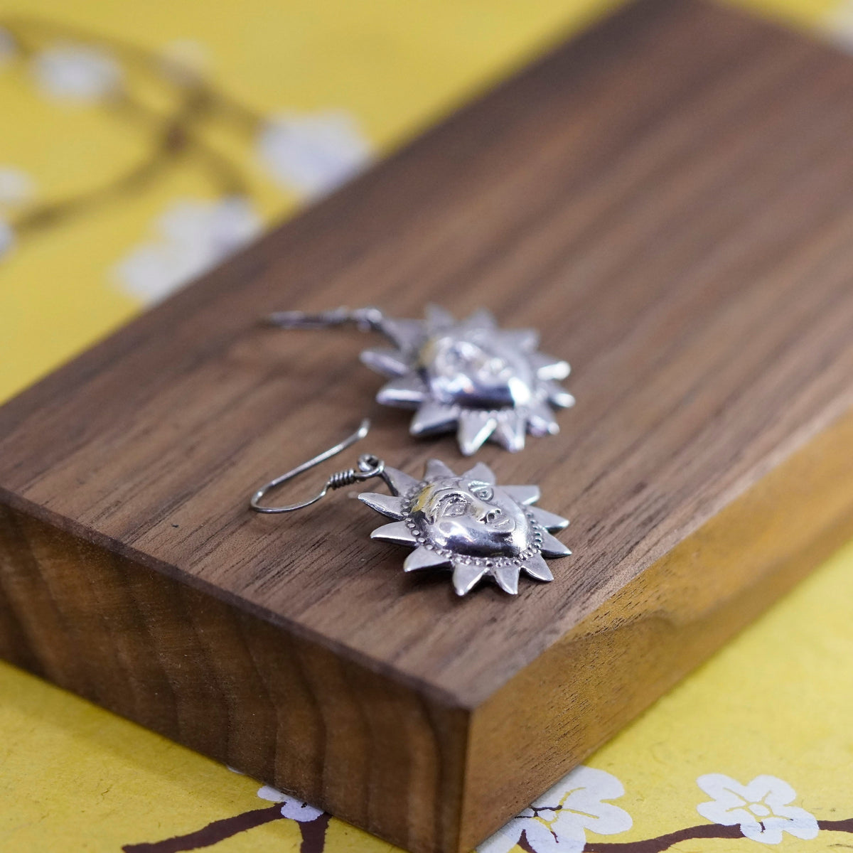 Vintage Sterling silver handmade earrings, 925 Sun face drops