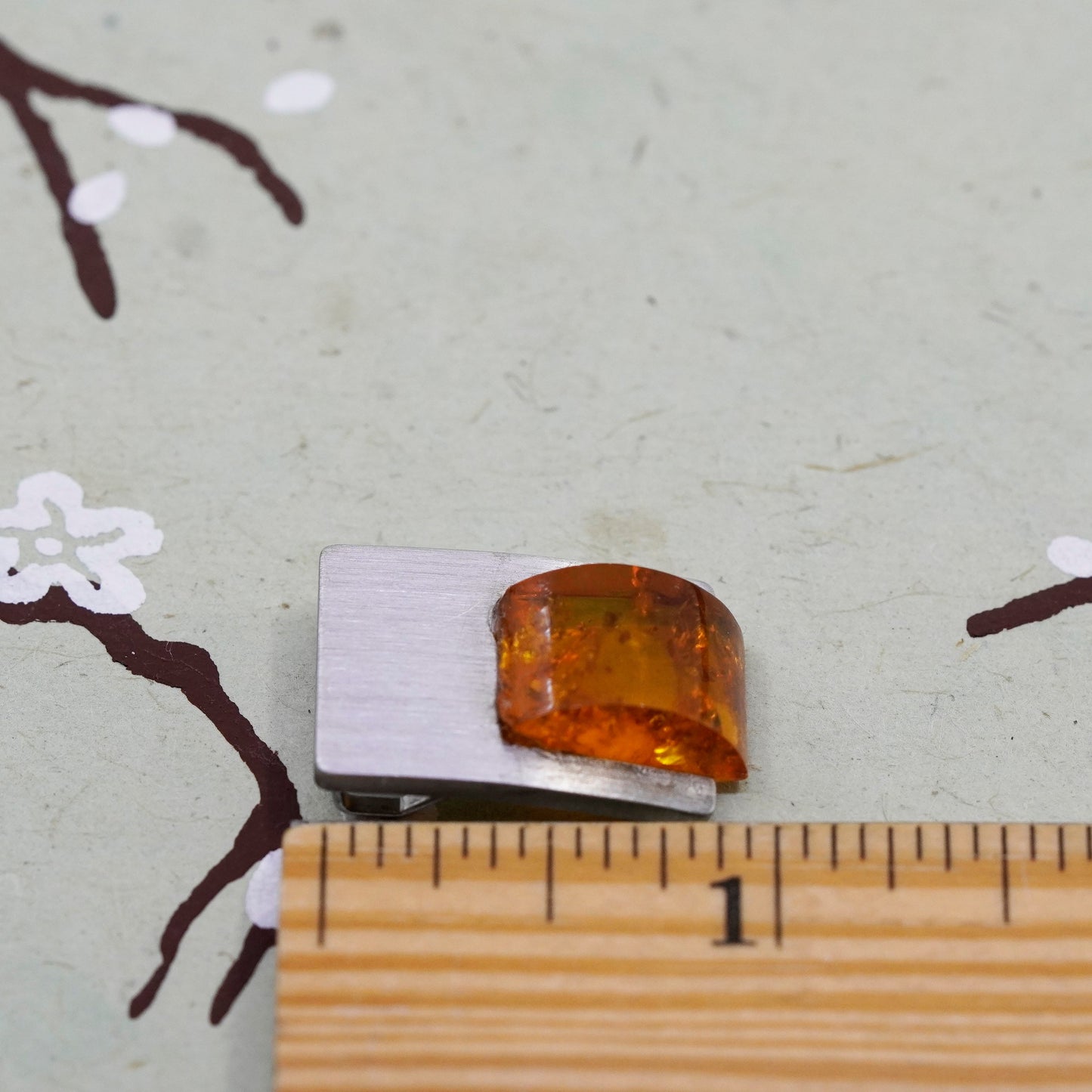 Vintage matte sterling 925 silver handmade modern pendant with amber