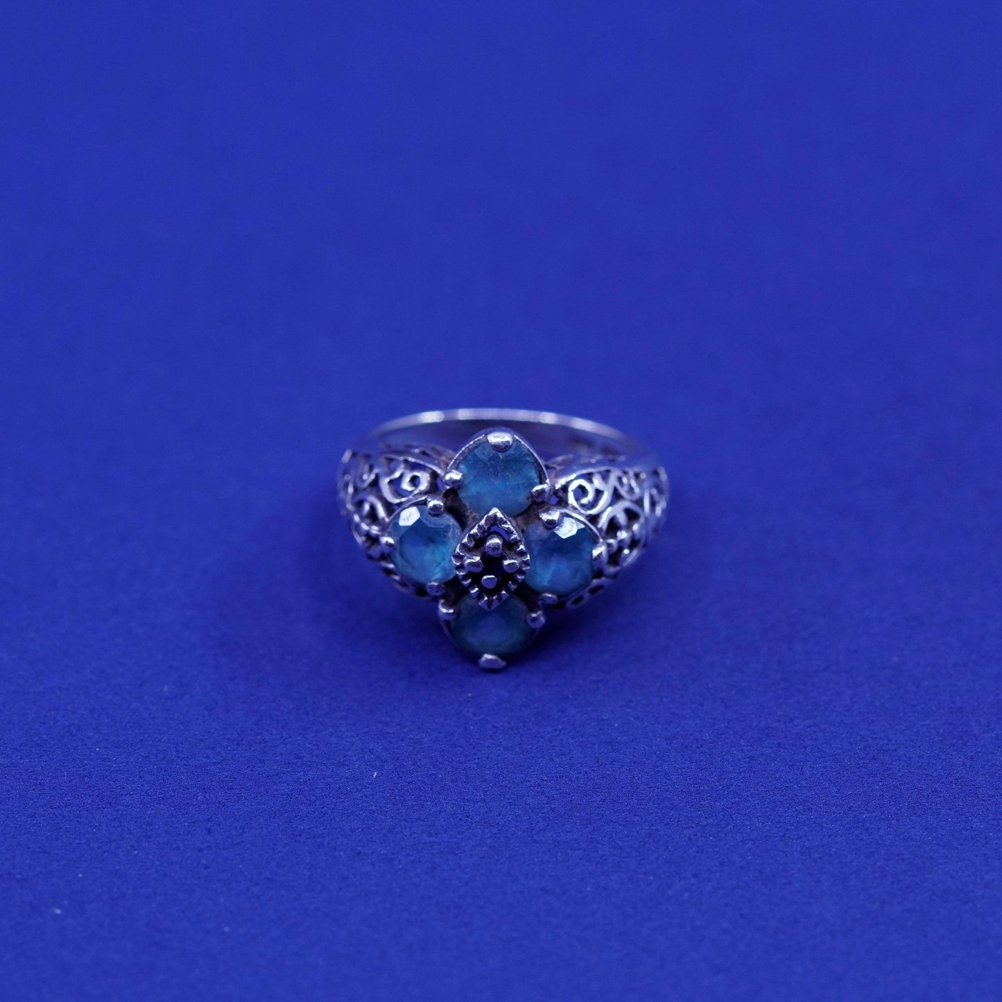 Size 6, vtg Sterling silver engagement ring, 925 filigree band topaz sapphire