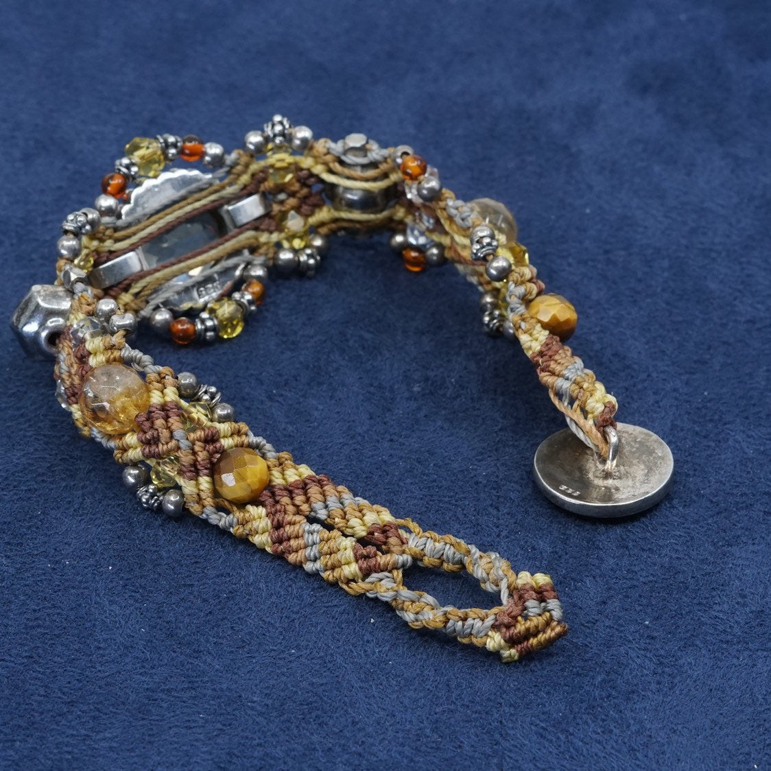 6.25", vtg Sterling silver handmade bracelet, 925 w/ citrine N linen braided