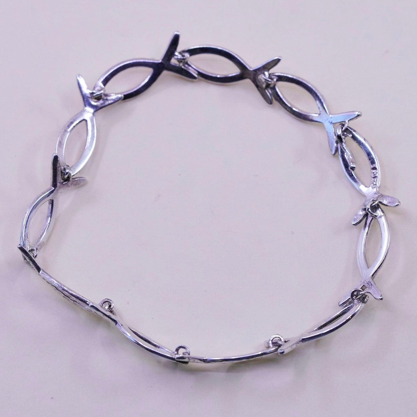 7.25”, Vintage sterling silver handmade bracelet, 925 fish link chain