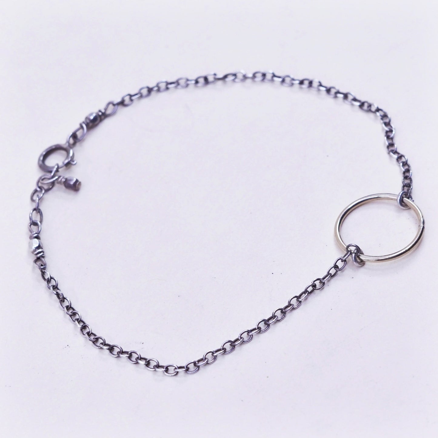 7.25”, Vintage sterling 925 silver circle chain bracelet with gold tone circle