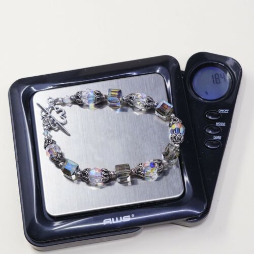6.75”, Vtg Sterling Silver Handmade Bracelet, 925 Beads W/ Blue Crystal Beads