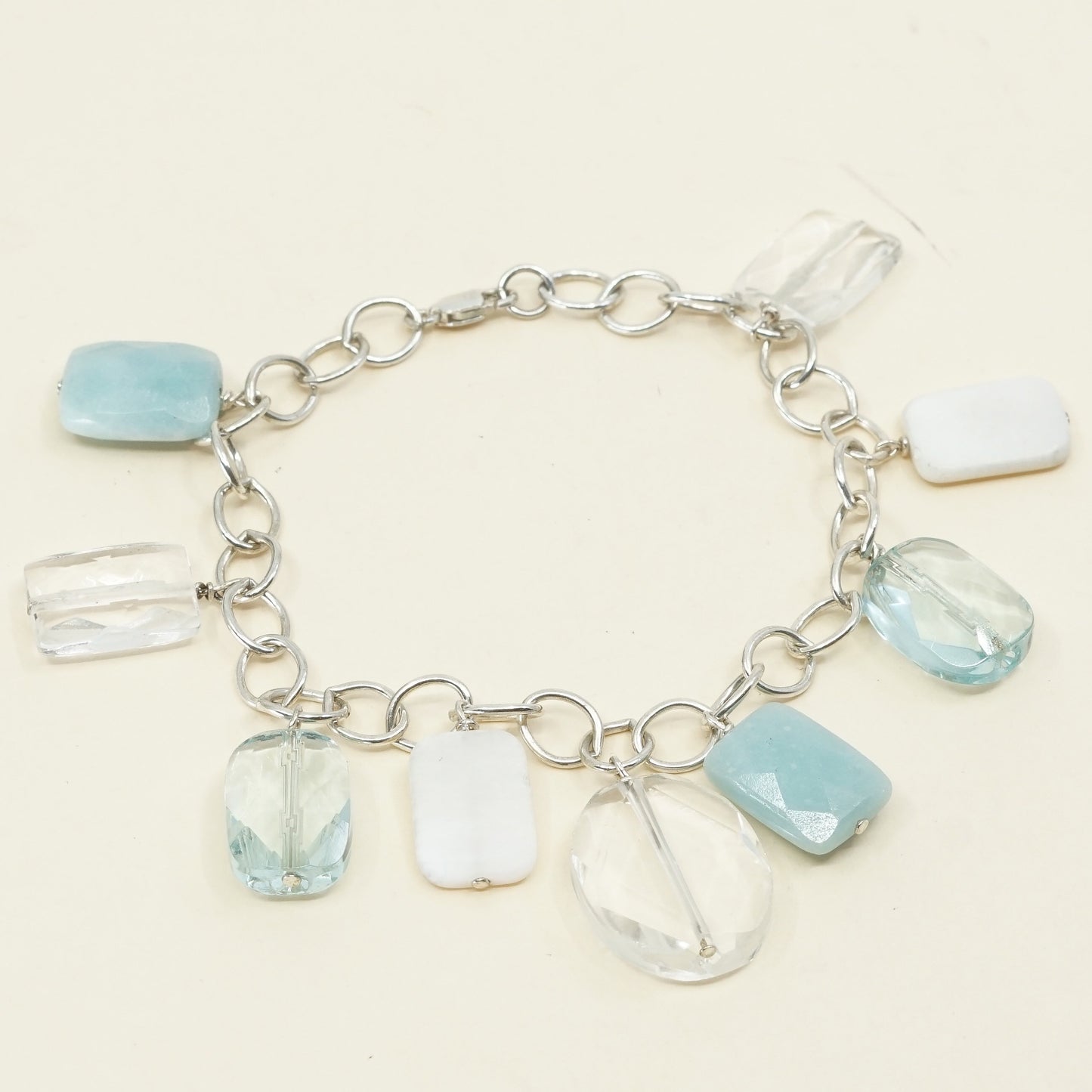 7", Sterling 925 Silver Circle Chain w/ jade and crystal charms, bracelet jade