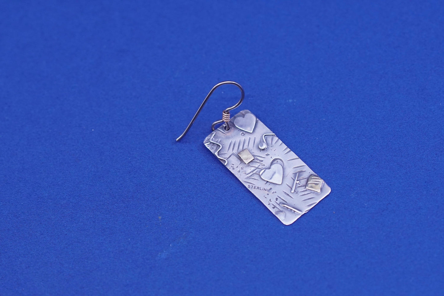 Sterling Silver earrings, 925 disc embossed heart N square and 14K gold accent
