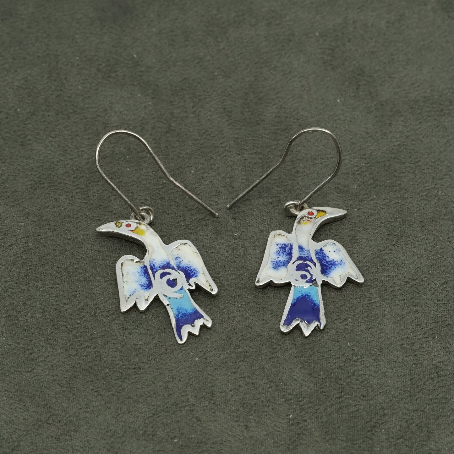 vtg Sarah sterling silver handmade earrings, 925 w/ colorful enamel bird