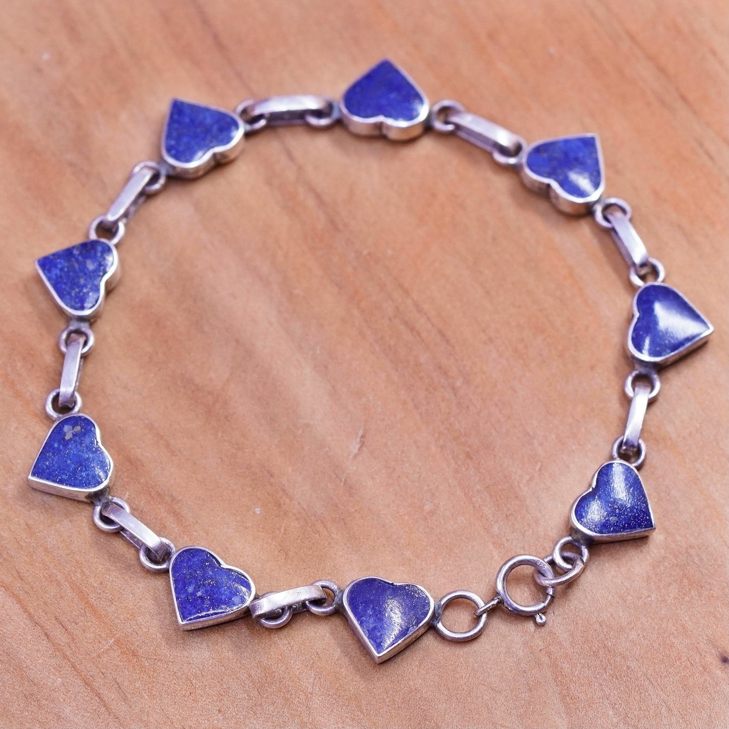 7.25”, vintage Sterling silver handmade bracelet, 970 chain lapis lazuli heart