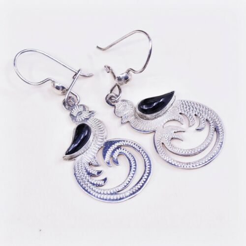 Vintage Southwestern handmade Sterling 925 Silver Peacock Earrings W/ Ovsidian