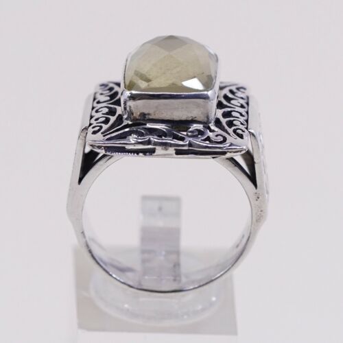Sz 9, Vtg Sterling Silver Handmade Ring, 925 W/ Checker Cut Chalcedony Aqua