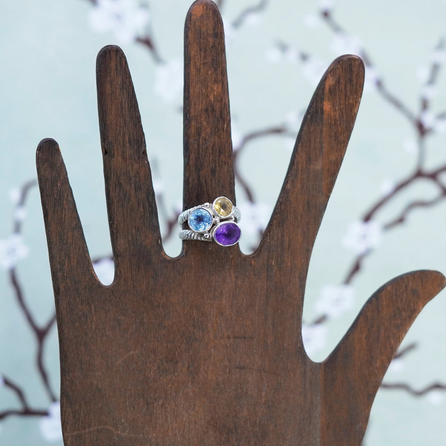 Size 6, vintage sterling 926 silver handmade ring with topaz citrine amethyst