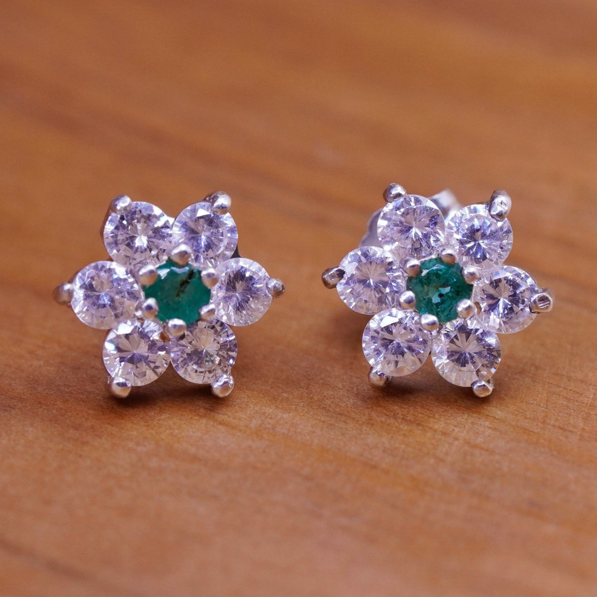 Vintage Vermeil Sterling silver clear flower studs earrings with cz and emerald