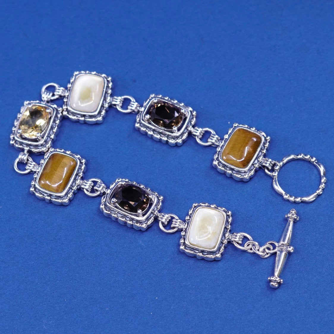 7.25", vtg sterling 925 silver handmade bracelet w/ mop, tiger’s eye N citrine