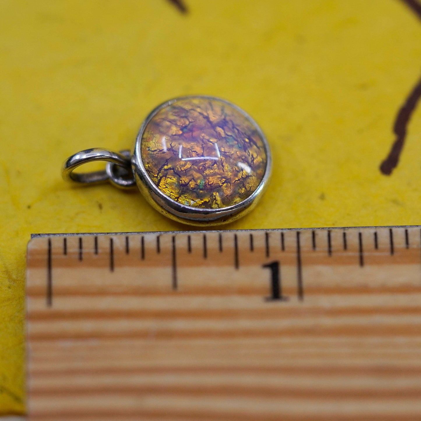 Vintage Sterling silver handmade pendant, 925 circle with orange foil glass