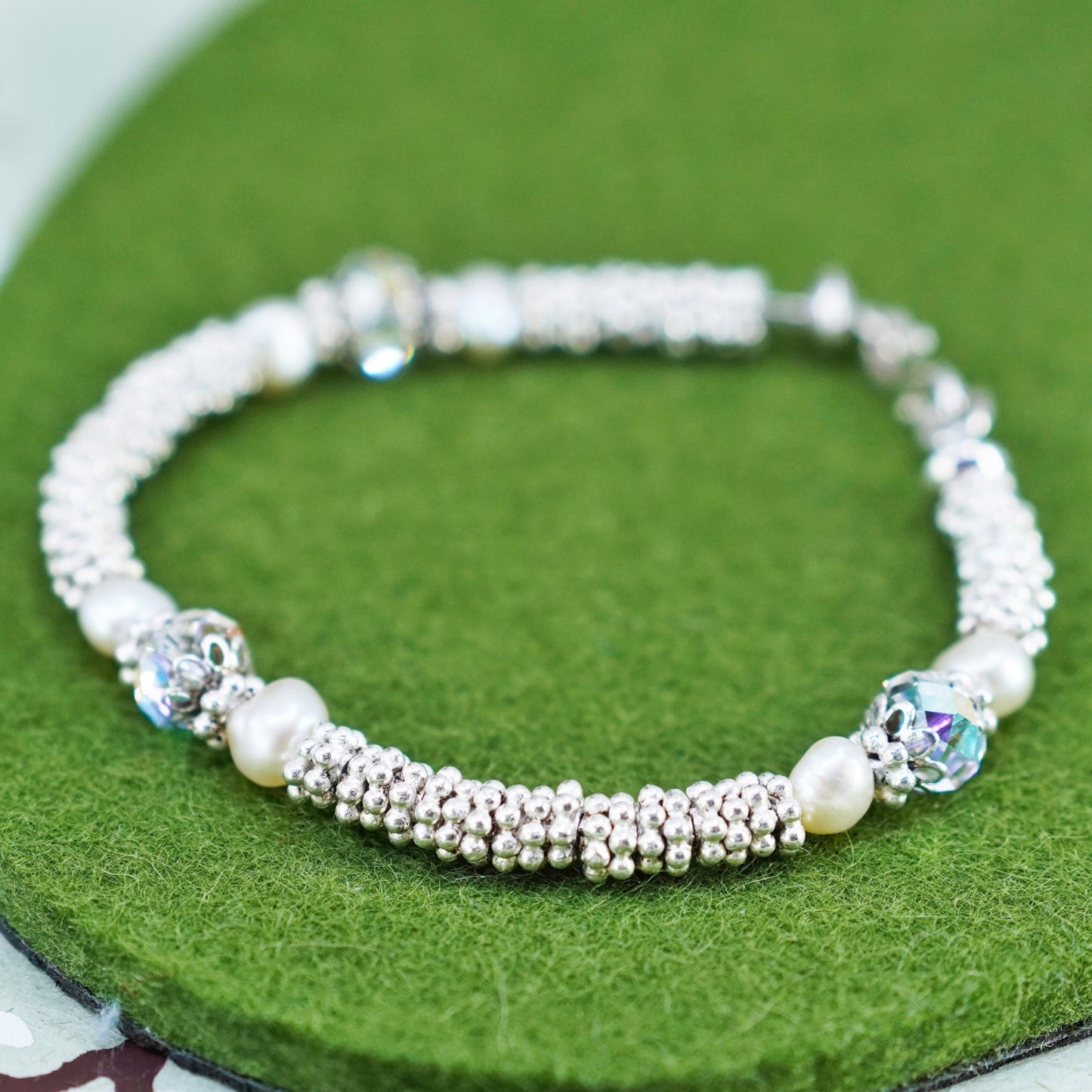 7”, Vintage handmade 925 sterling silver beaded bracelet with pearl
