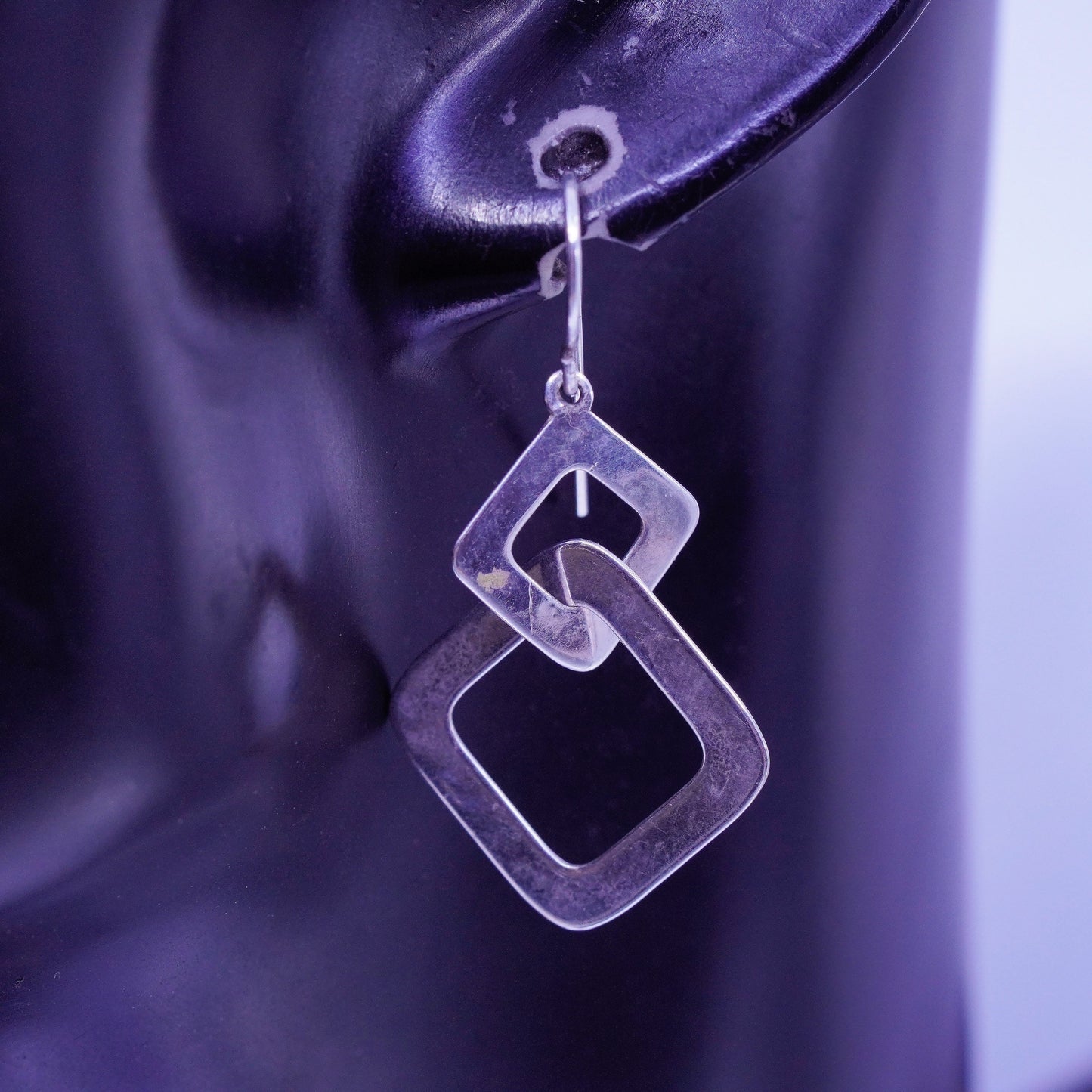 vintage Sterling silver handmade earrings, 925 entwined square dangles