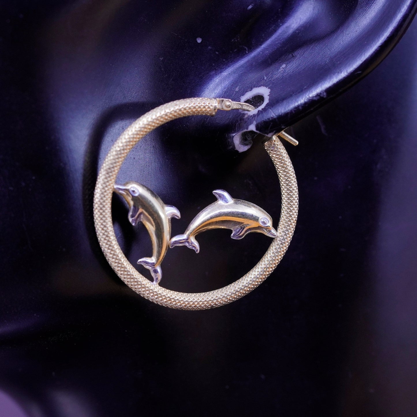 1.25”, Vintage Jordan vermeil gold Sterling silver earrings, 925 hoops dolphins
