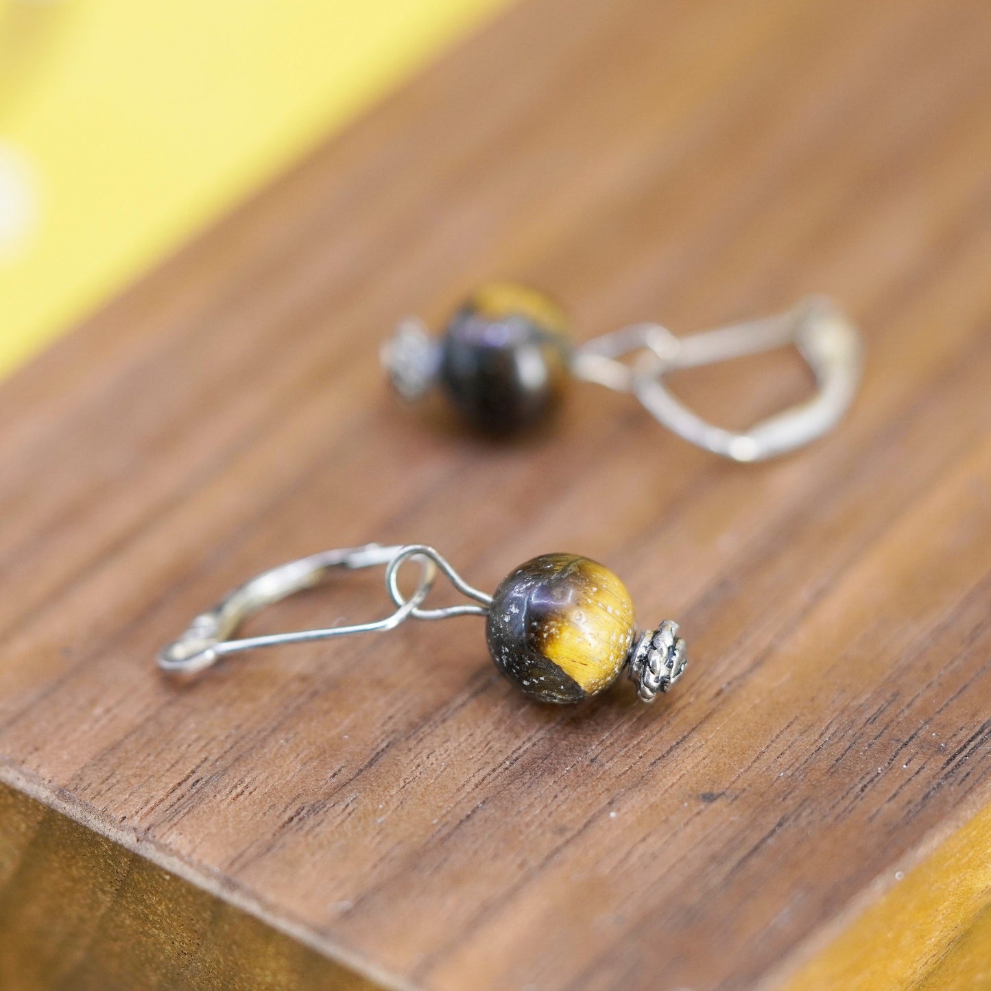 Vintage Sterling 925 silver handmade earrings with golden cat’s eye beads