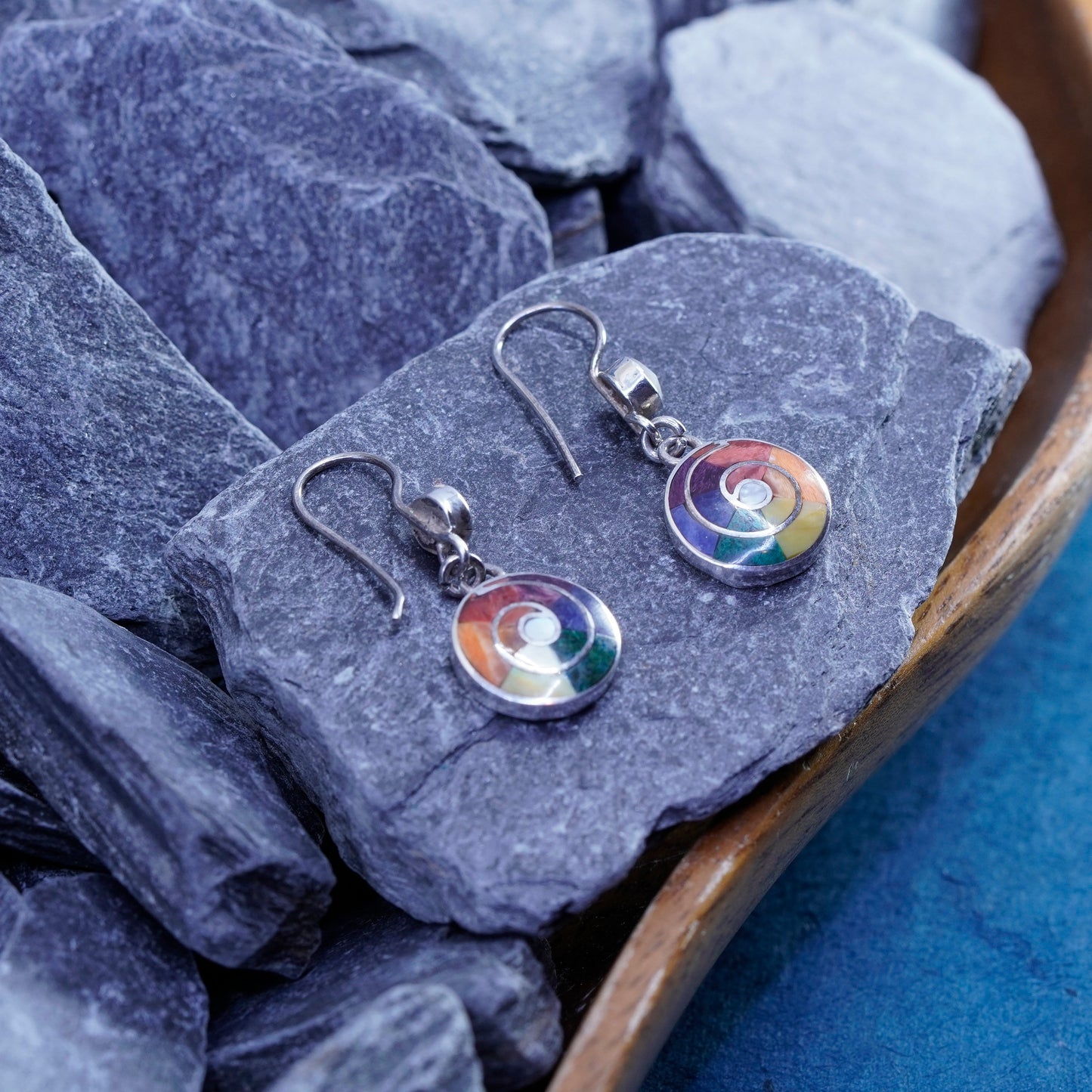 Sterling 950 silver earrings, Peruvian Inca silver turquoise, mother of pearl