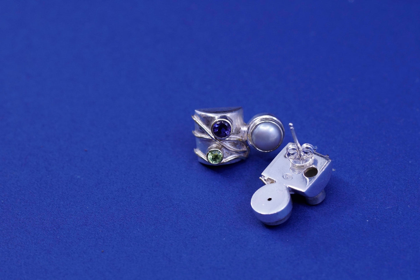 EP sterling silver handmade earrings, 925 studs with peridot amethyst and pearl