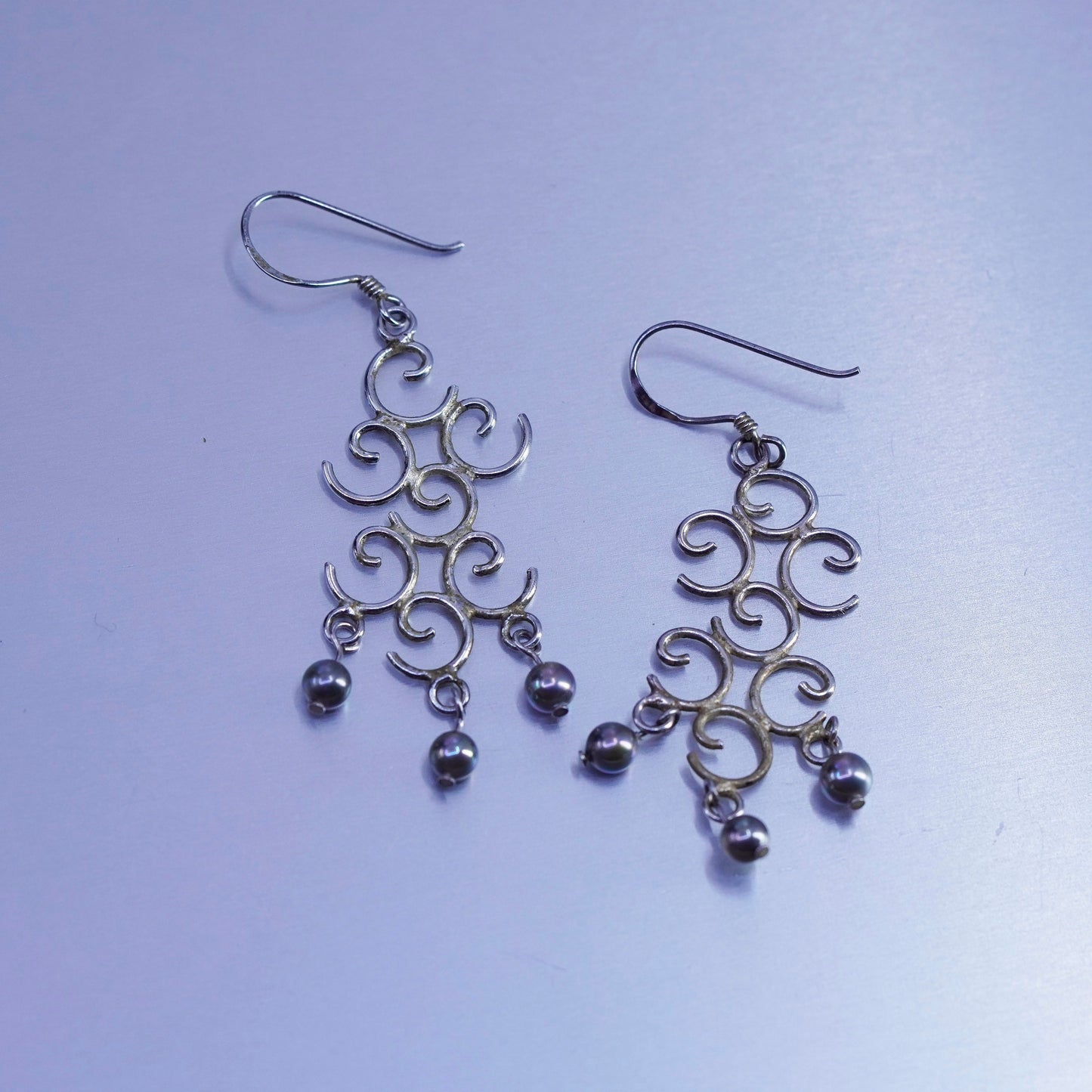 Vintage Sterling 925 silver handmade swirly earrings with beads