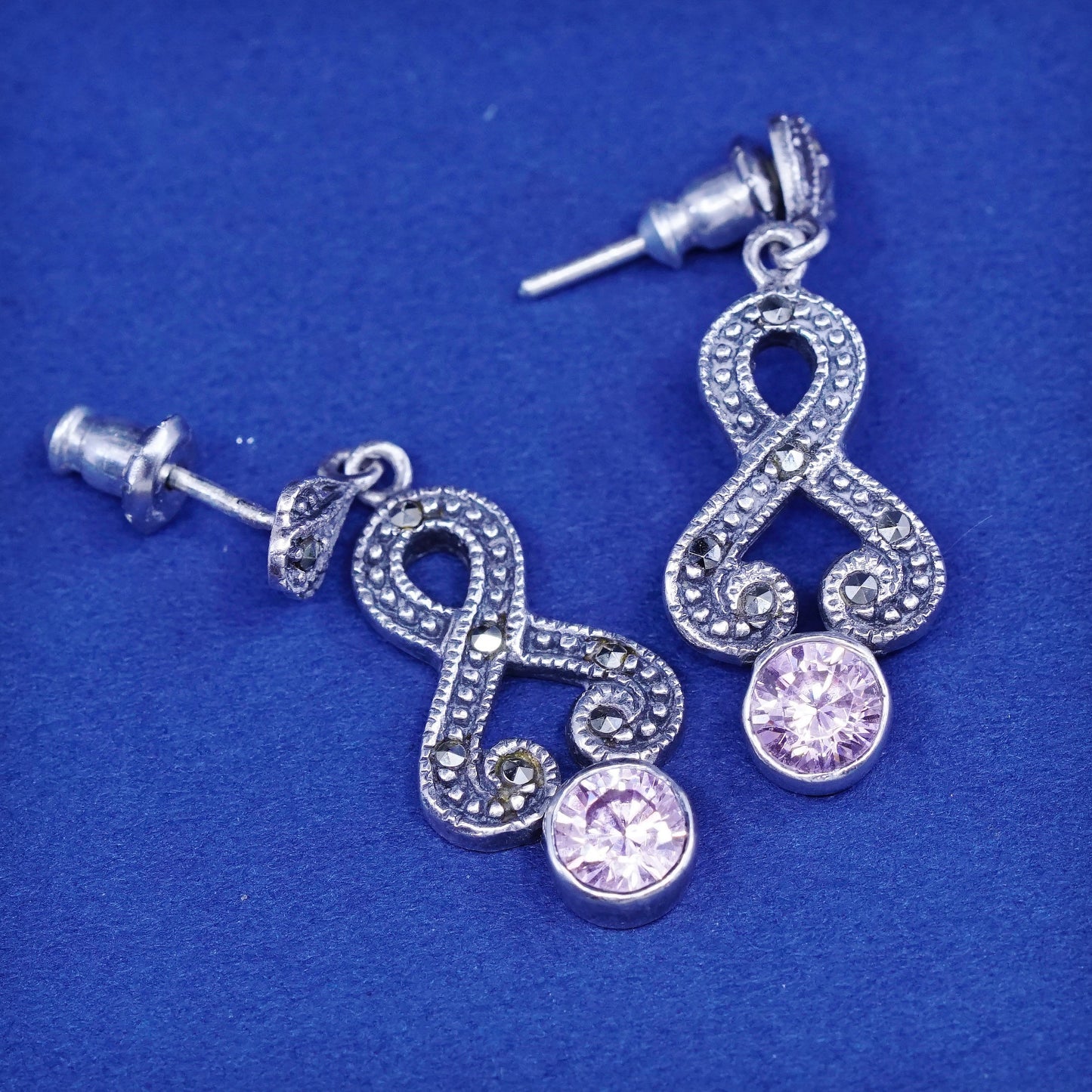 vtg sterling 925 silver handmade earrings w/ pink crystal M marcasite