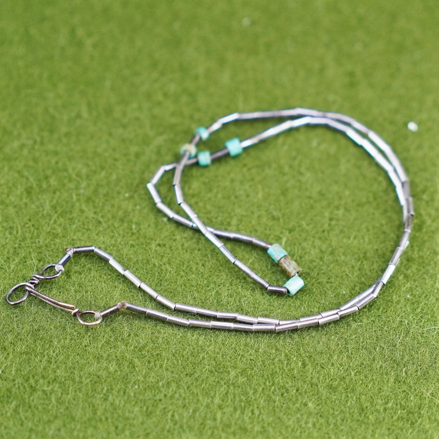16”, Native American Navajo Sterling necklace 925 liquid silver chain turquoise