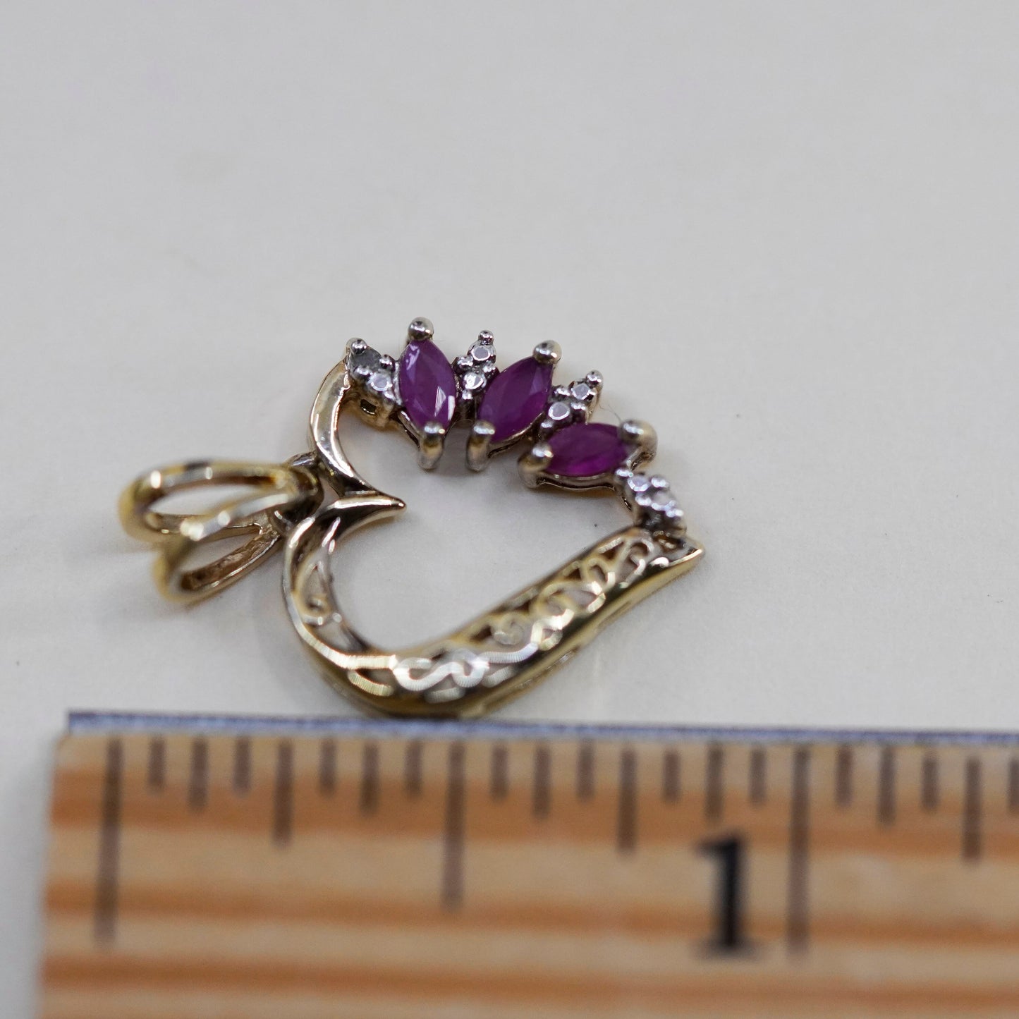 Vermeil Gold over sterling silver pendant, 925 heart with ruby and diamond