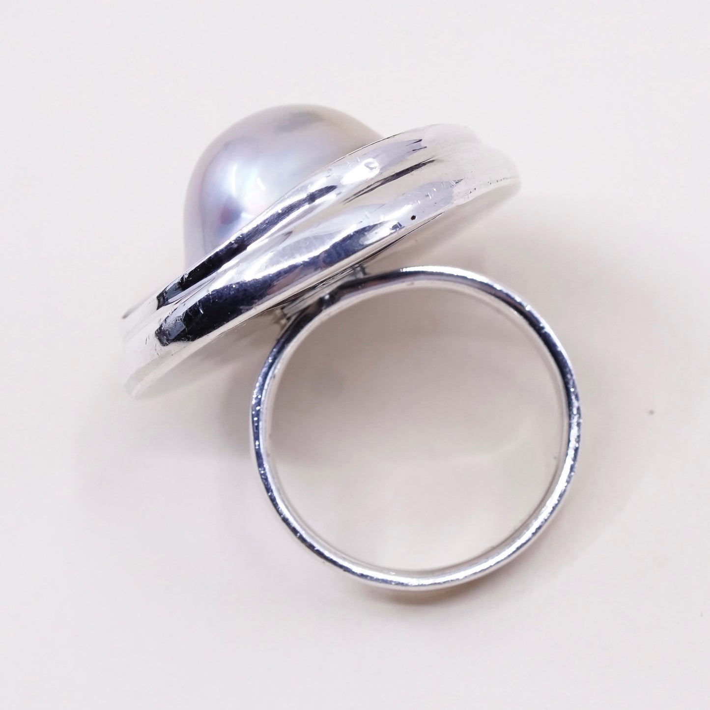 sz 7, vtg SLJ Sterling silver handmade ring, modern 925 band w/ bluster pearl