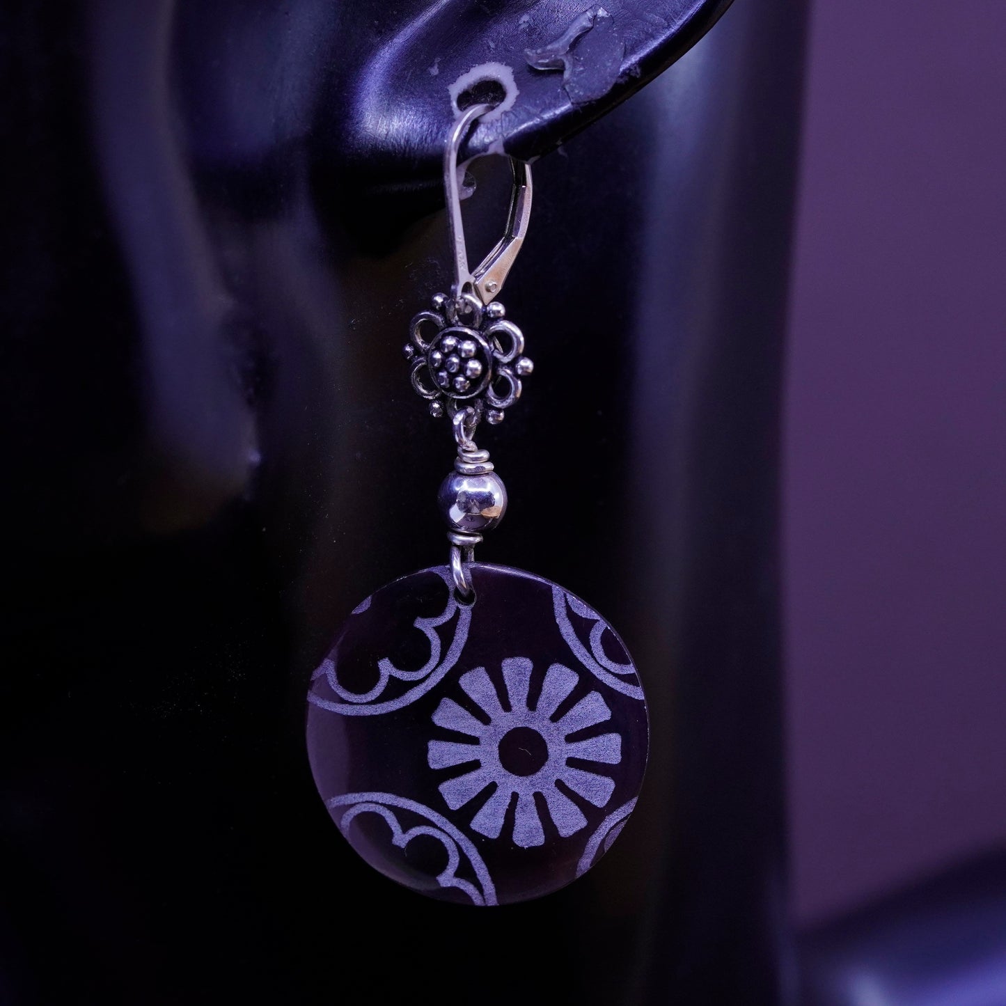 Vintage Sterling 925 silver Handmade earrings with carnelian disc and beads