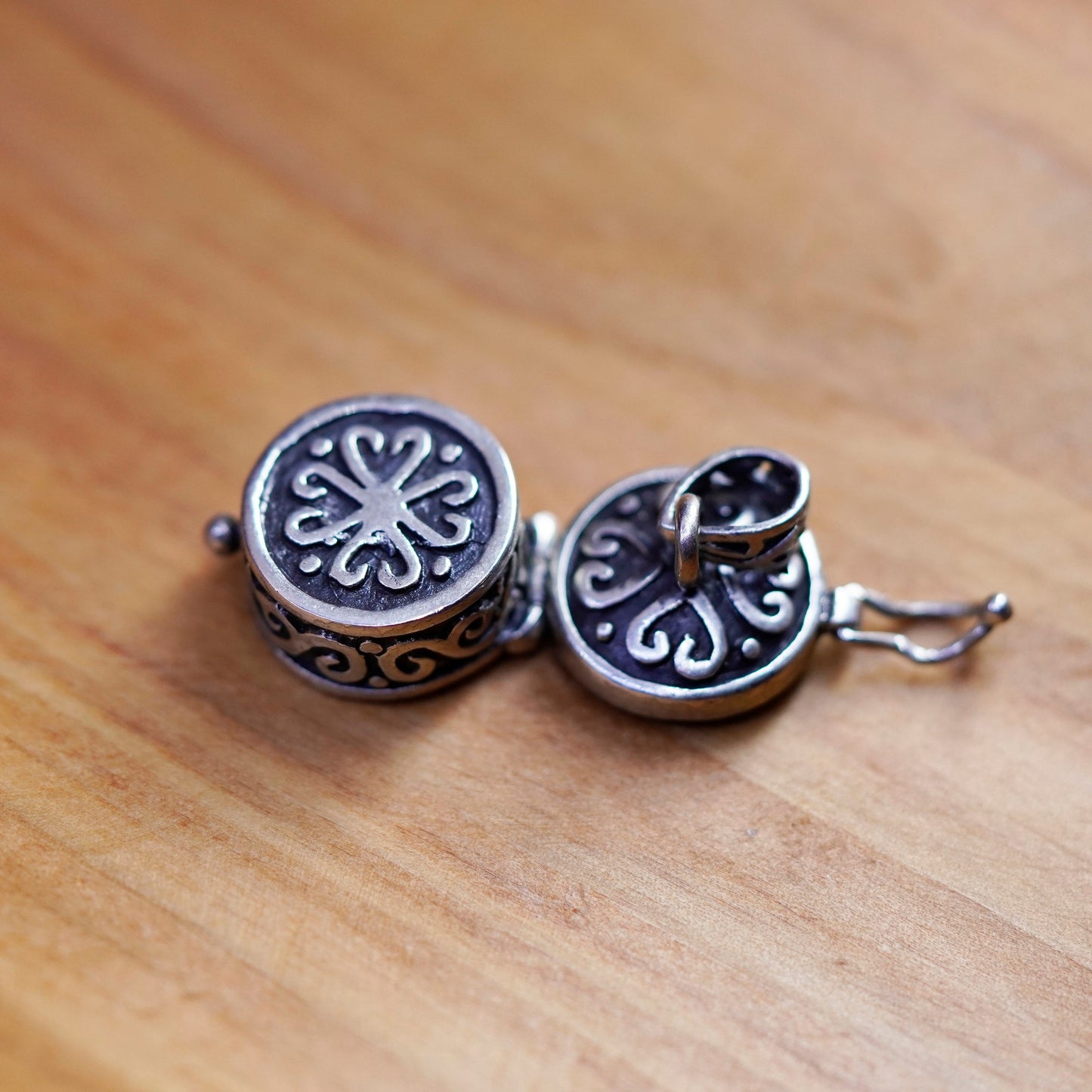 Vintage Sterling silver prayer box pendant, 925 handmade round locket charm