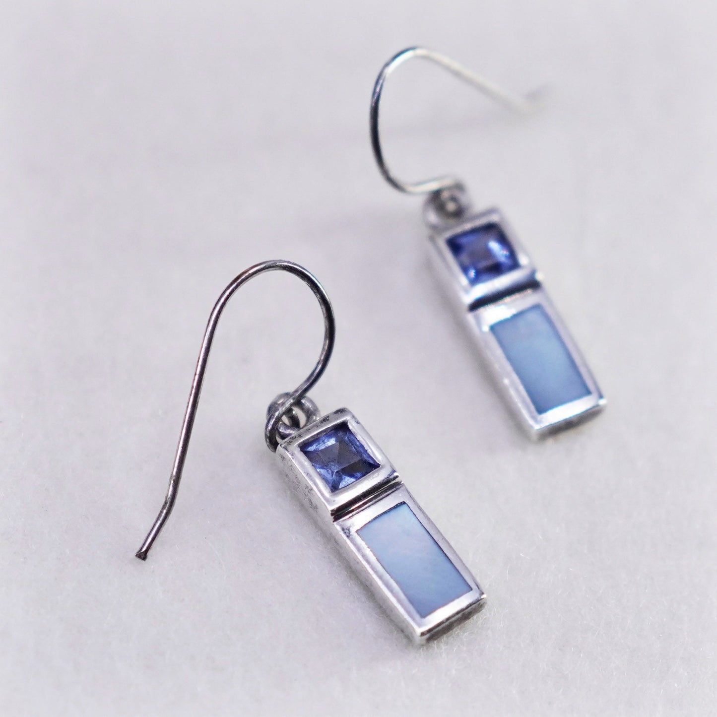 Vintage Sterling 925 silver handmade earrings with blue cz and mother of pearl
