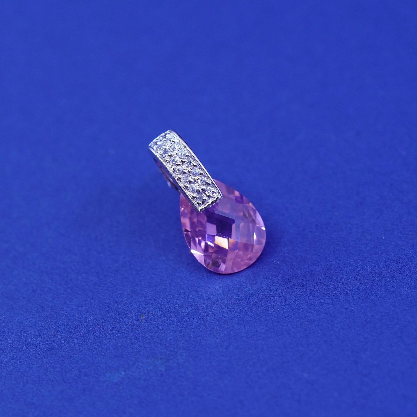 Vintage Sterling 925 silver handmade earrings with pink crystal drop and Cz