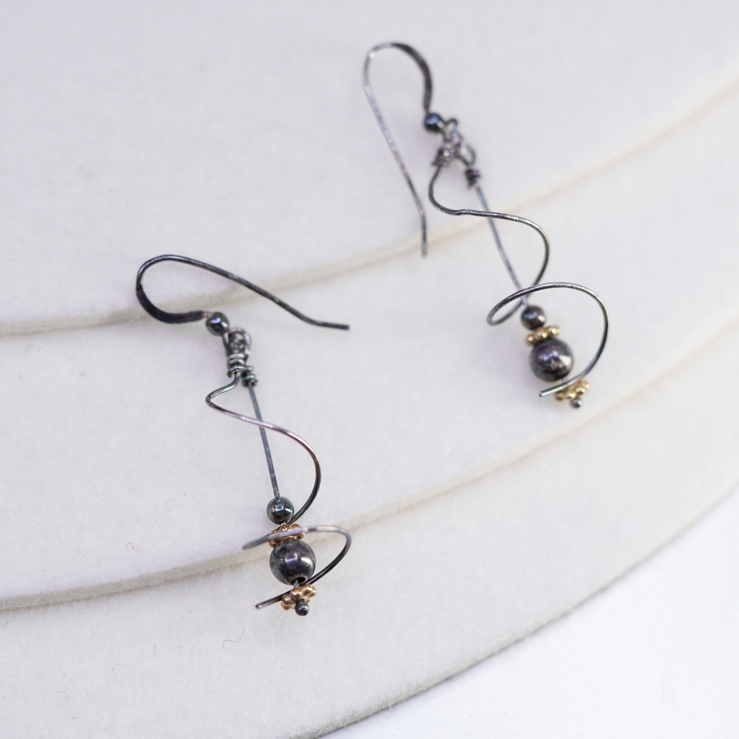 Vintage Sterling 925 silver handmade twisted earrings drop with gold beads